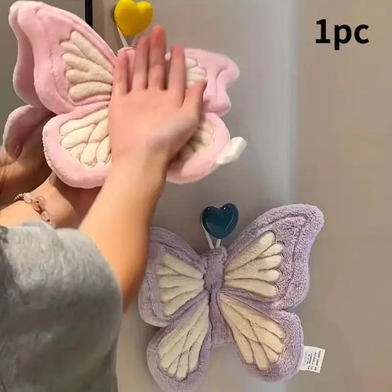Female 3-Piece Embroidery Butterfly-Patterned Thick Coral Fleece Hanging Towels - Quick-Drying, Soft, Skin-Friendly, Hangable Home Use Chic Handkerchiefs with Storage Loop, No, All Seasons