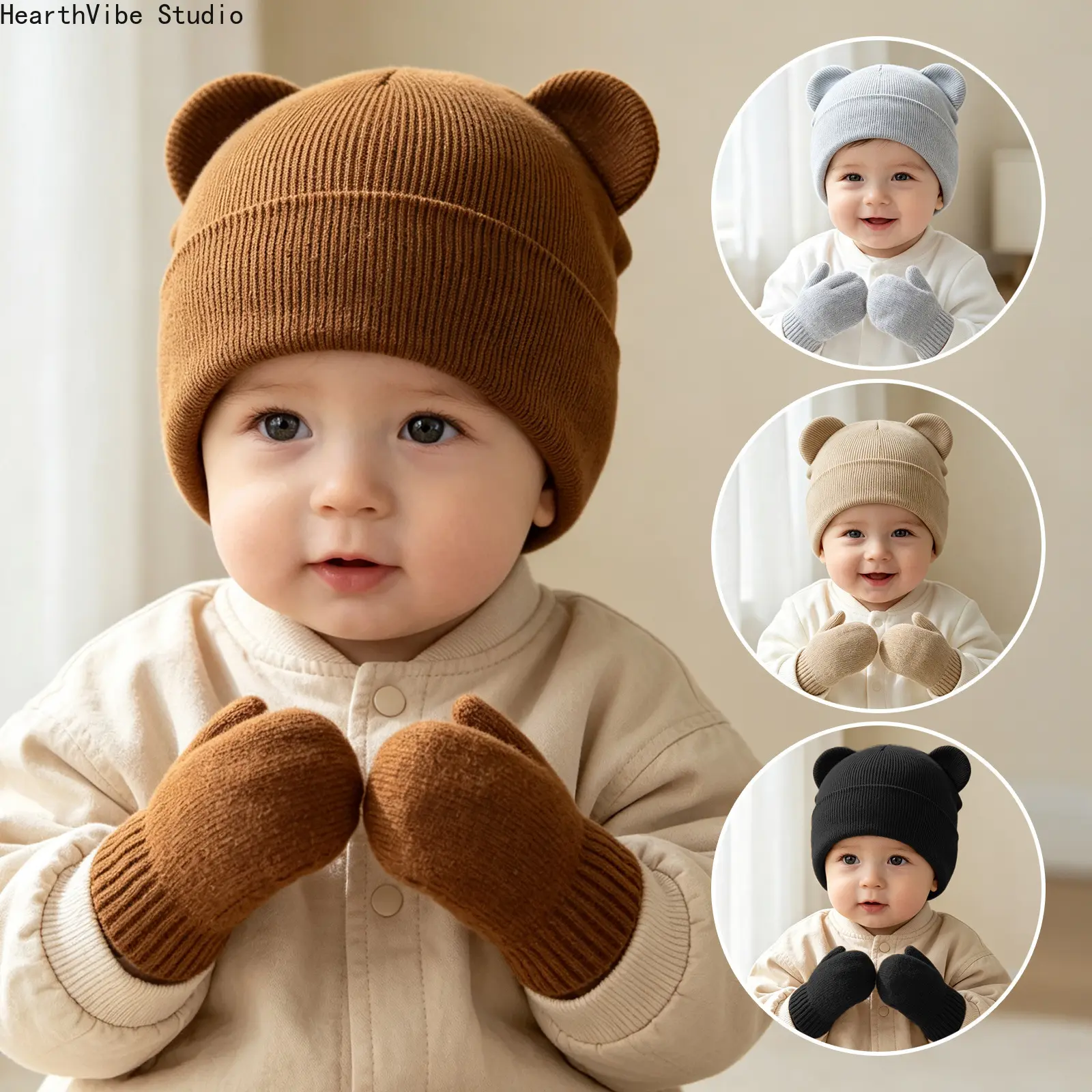 Cute Bear Ears Beanie Hat and Mittens Set, Soft Knit Ribbed Infant Winter Caps, Warm Anti-Scratch Newborn Gloves 2Pcs, Outdoor Thermal Headwear Shower Gift
