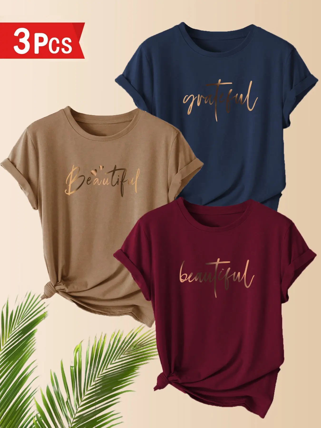 3-Pack Women's Casual T-Shirts, Top, Letter Print, Polyester, Round Neck, Short Sleeve, Comfortable for Spring & Summer