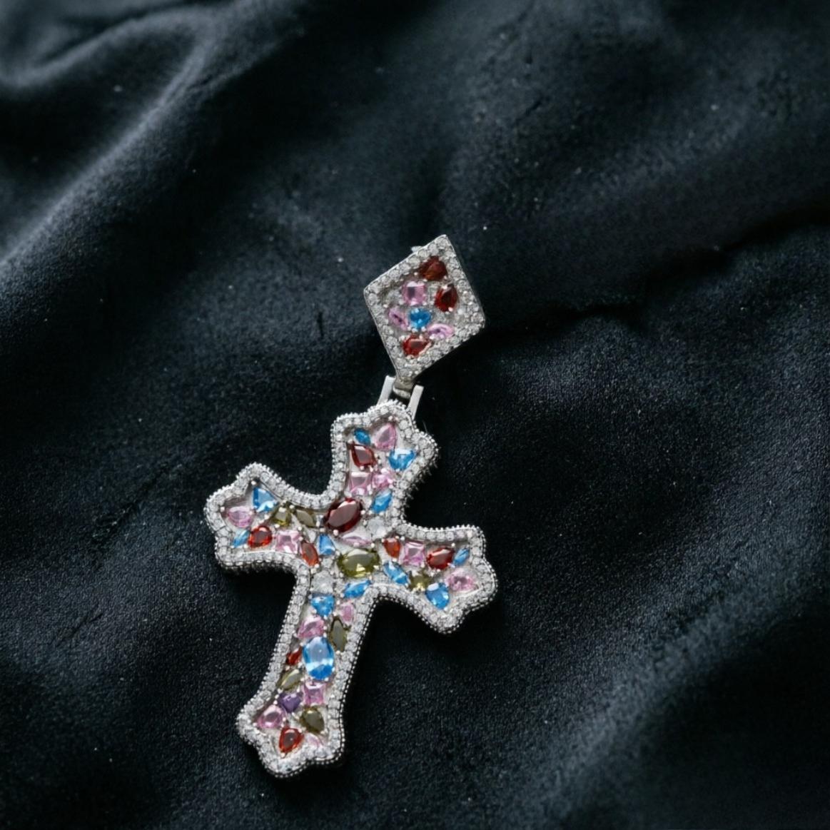 5A+ Sri Lanka Colorful Moissanite Rhomboid Gothic Cross Pendant With Necklace, Miami Italy Mexico & Micro Inspired for Women & Men, Luxury Jewelry, Daily Wear, Casual Fashion, Gift, Classic Hip Hop Simple Sporty