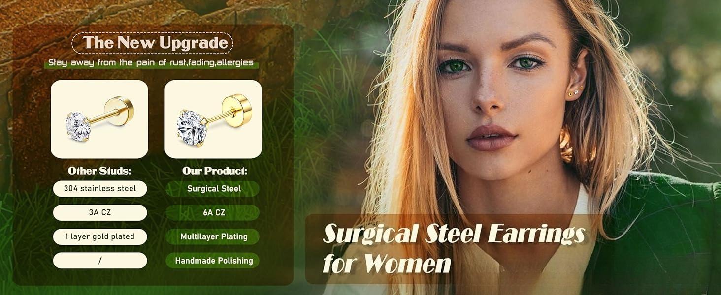 FIBO STEEL 13 Pairs Surgical Steel Flat Back Earrings Set for Women Girls CZ Opal Small Stud Hoop Hypoallergenic Piercing Jewelry Gift