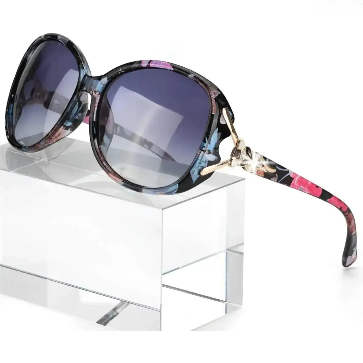 Oversized Semi-Rimless Polarized Sunglasses - Female Casual UV400 Anti-UV Protection Glasses, Crystal Leopard Head Detail, Black Oval Shades