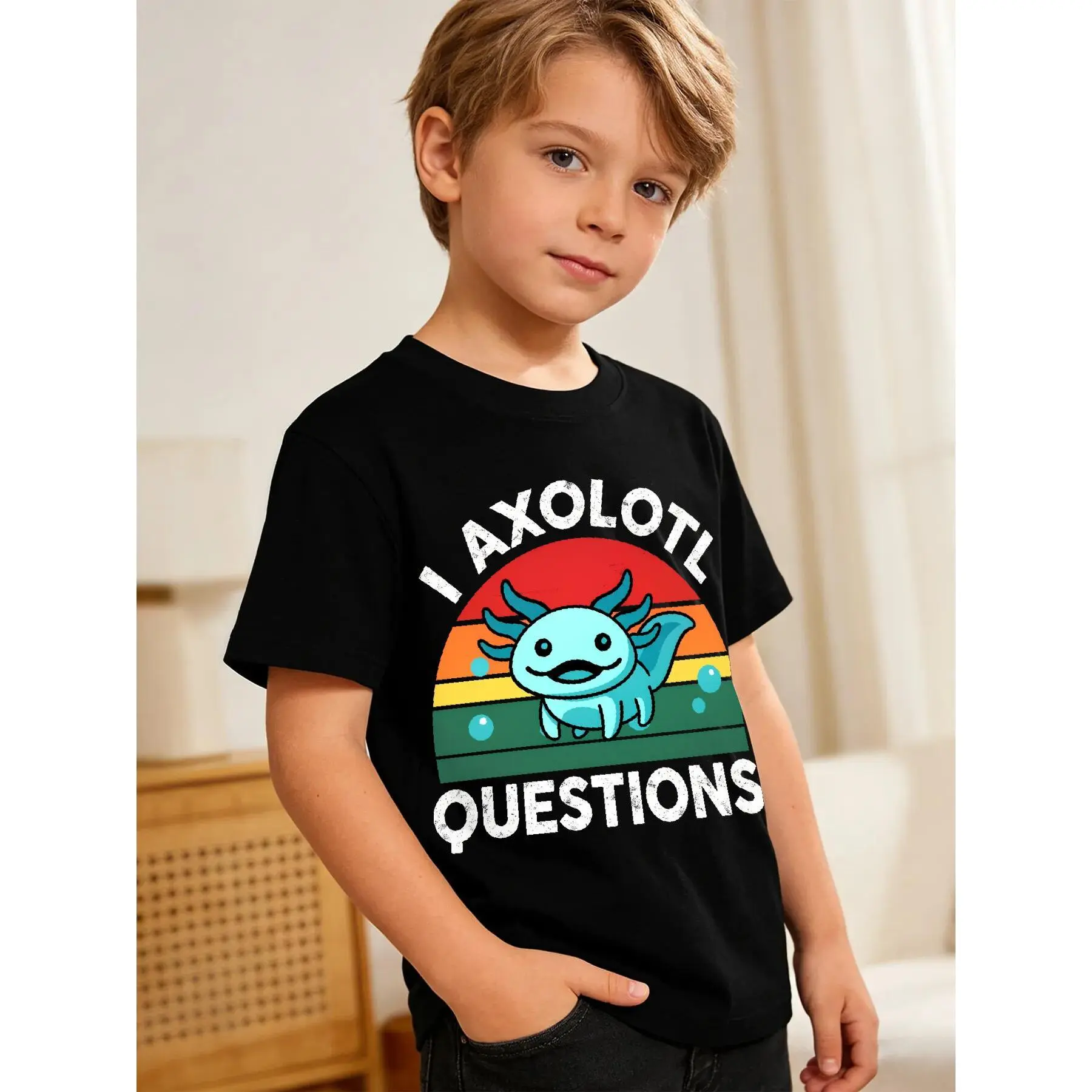 Kids' Axolotl Graphic Cotton T-shirt - Round Neck Short Sleeve Tops, Casual Basic, Medium Length, Comfortable, Machine Washable