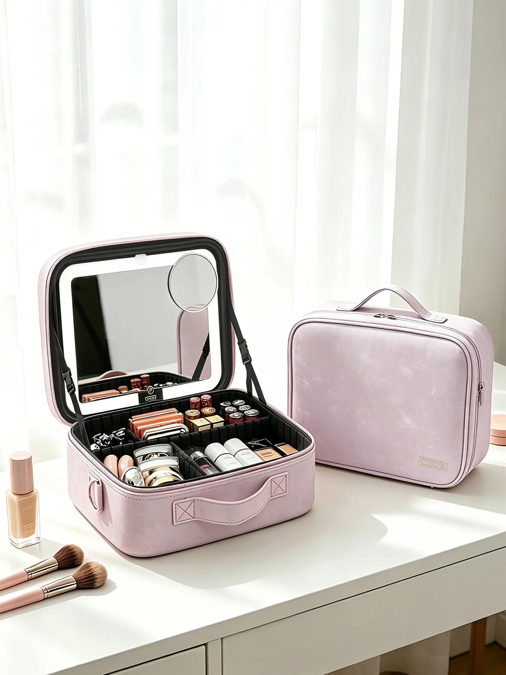 All-in-One Makeup Case, Cosmetic Bags, LED Fill Light, Detachable 5X Magnifier, Large Capacity, Waterproof, Travel Friendly, Birthday Gift for Mom or Bestie, lighted makeup bag with mirror & 3-Color Dimmable Light