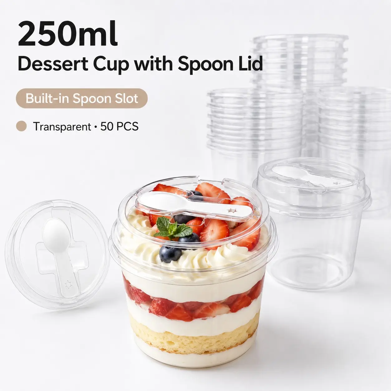 50 Pcs 250ML Tall Round Transparent Plastic Covered Sweet Box with Spoon, Ideal for Mousse, Tiramisu, Pudding, Yogurt, Fruit Ice Cream, Cookies, Dessert Containers