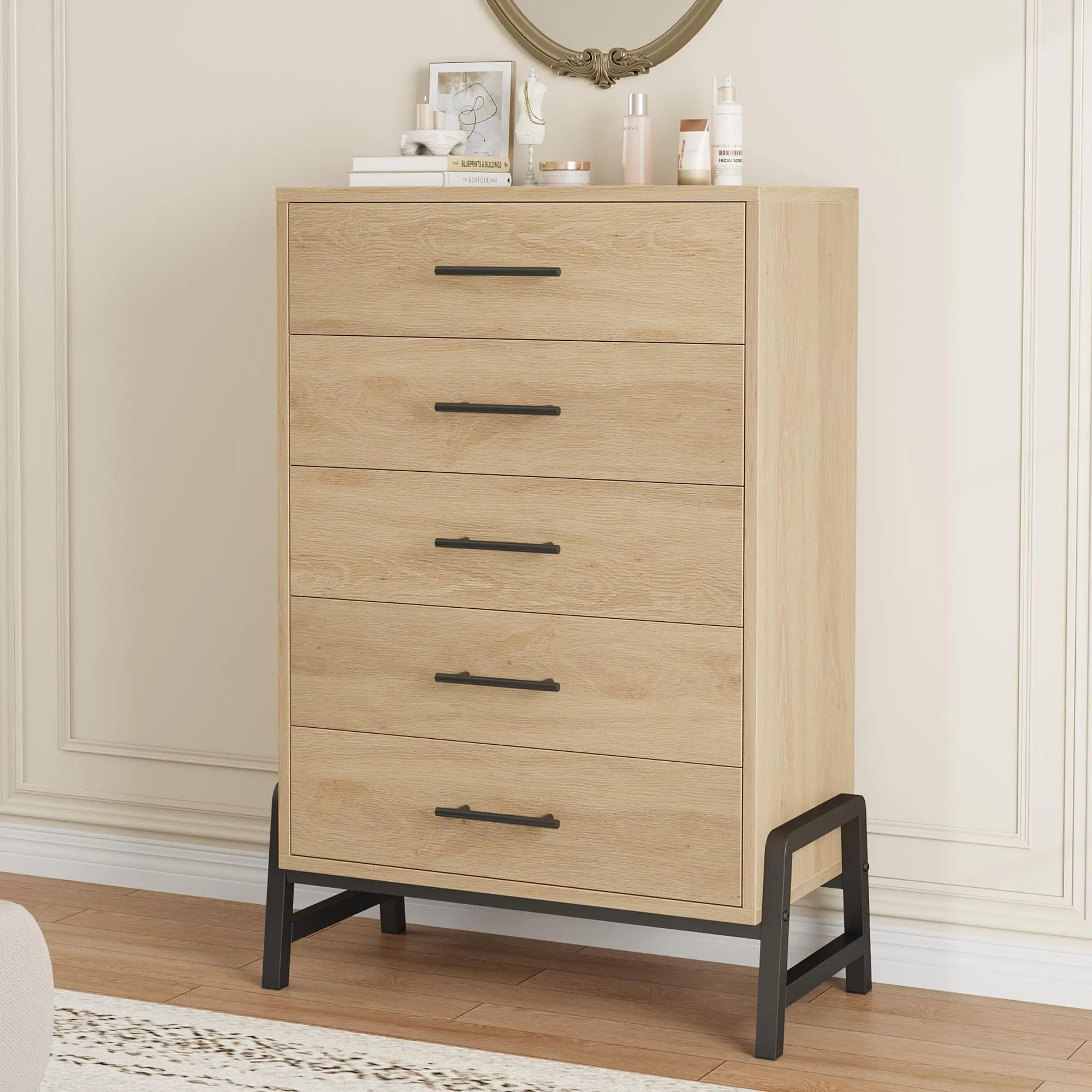 Garvee 5-Drawer Freestanding Wooden Dresser, 50.5" Tall with Large Storage Capacity, Ideal for Bedroom, Living Room, or Entryway, Available in Natural Oak and Brown Finishes
