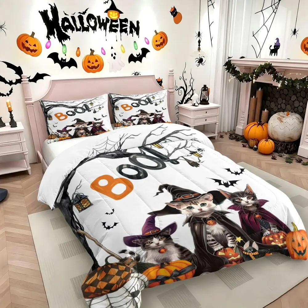 2/3Pcs Halloween Spooky Cat Comforter Set, Cute Witch Kitten Print Bedding Set, Soft Quilt with Pillowcase, Festive Home Bedroom Decor for Kids and Adults, Pumpkin Trick or Treat Bed Spread No Pillow Core