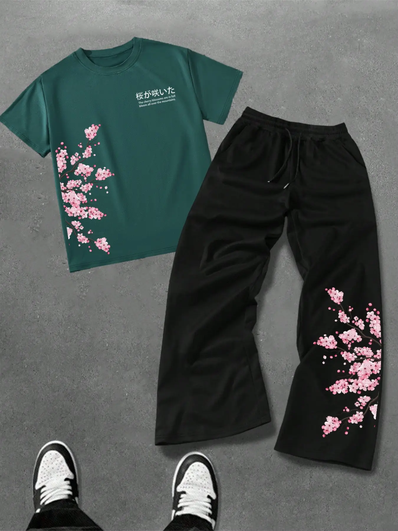 Unisex Cherry Blossom Poetry Print T-Shirt & Sweatpants Set, Loose Fit Casual Sportswear Two-Piece, Men's and Women's Fashion