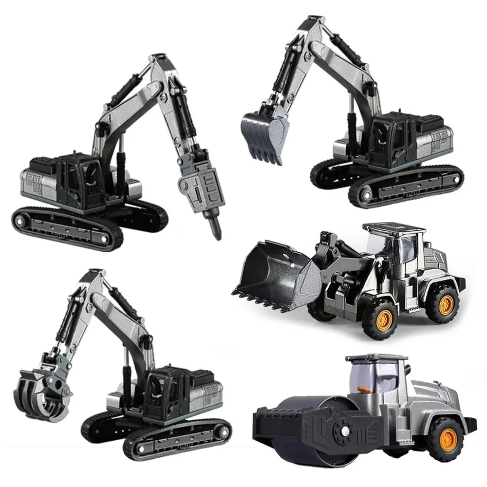 1:70 Scale Mini Alloy Die‑cast Construction Vehicle Toy Set 5‑Styles, Black Excavator Driller Bulldozer Engineering Models, Kids Play Toy, Holiday Birthday Gift for Boys Children
