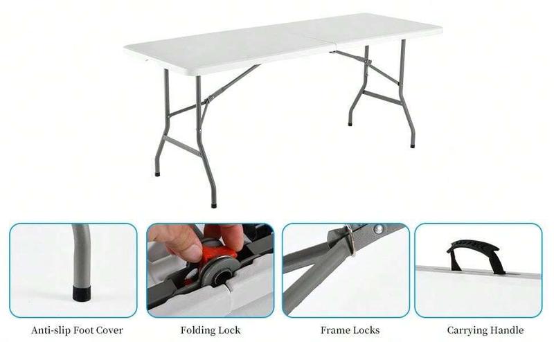 4FT/6FT Plastic Folding Table, Fold-in-Half table with handle, Adjustable Height Outdoor Camping Table for Party, Kitchen and Beach, White - Straight Legs 4FT/6FT Plastic Folding Table, Fold-in-Half table with handle, Adjustable Height Outdoor Camping Table for Party, Kitchen and Beach, White - Straight Legs