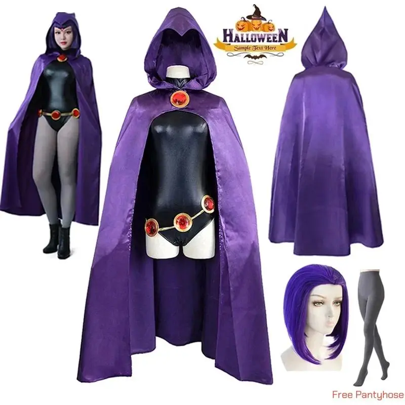 Women's Teen Titans-Raven Cosplay Bodysuit Costumes - Polyester Cosplay Wear with Purple Synthetic Leather Cape, Belt Decor - Halloween Party Festive Supplies for Girls