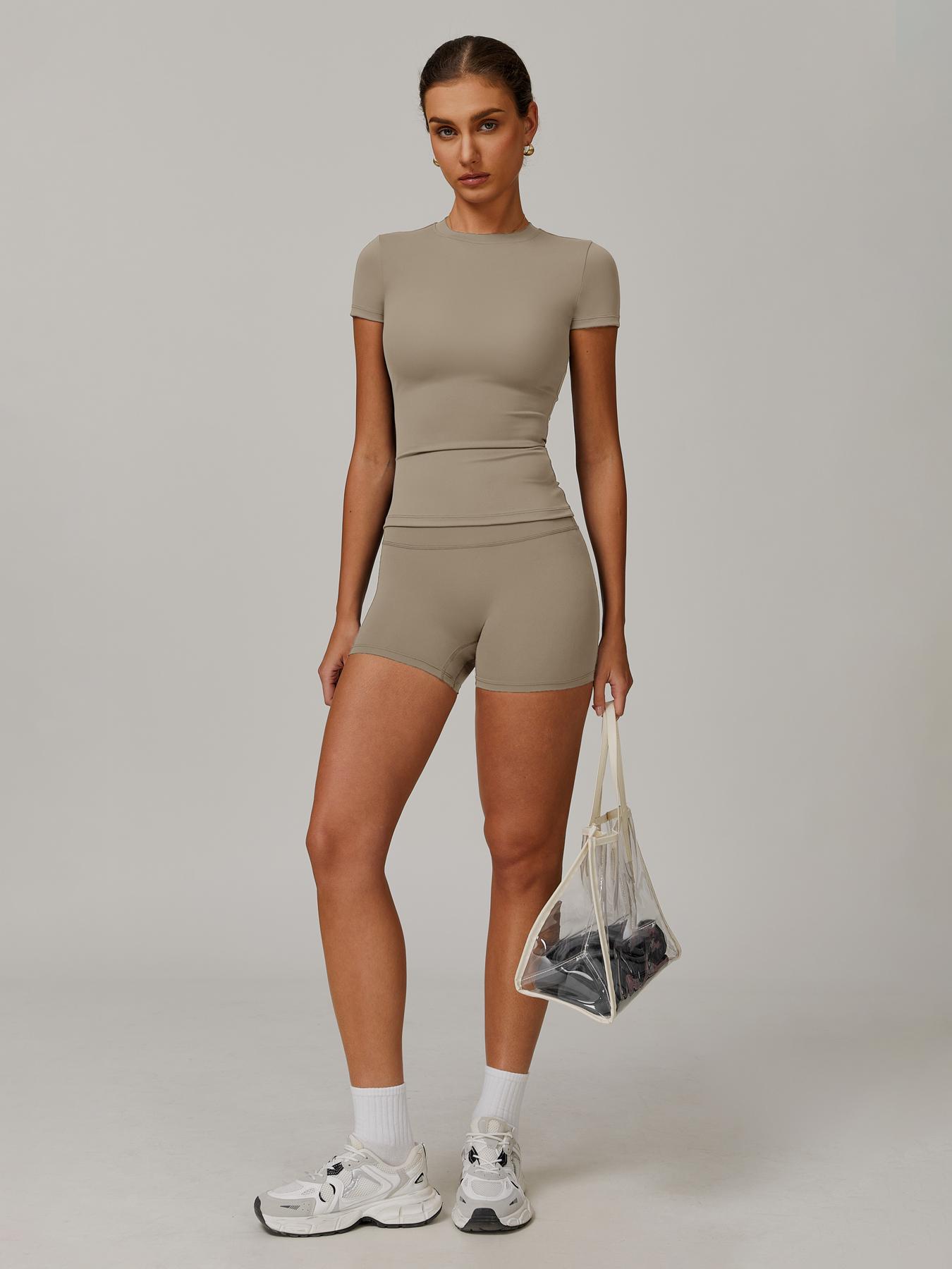 Women's Solid Ribbed Crop Tee & High Waist Shorts Set, Quick Drying for Yoga Gym Workout Running, Ladies Sportswear for All Seasons, Workout Sets Women, Women Workout Clothes, Fitness Clothing, Casual Activewear, Fitness Summer Bottoms