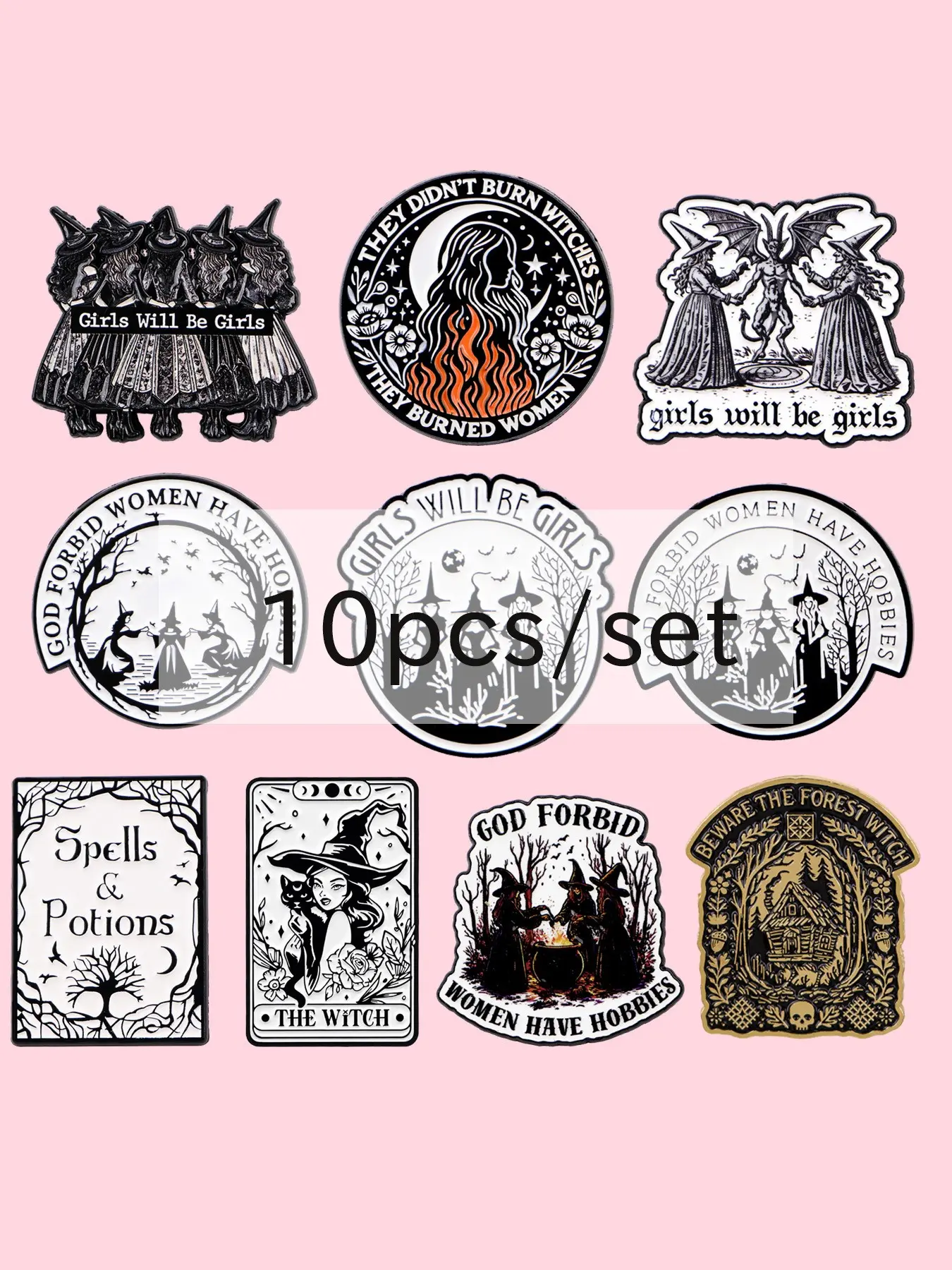 10pcs/set Witch & Quote Pins, Punk Style Enamel Pins, Cartoon Cool Badges, Halloween Gift, Suitable for Backpacks and Clothing