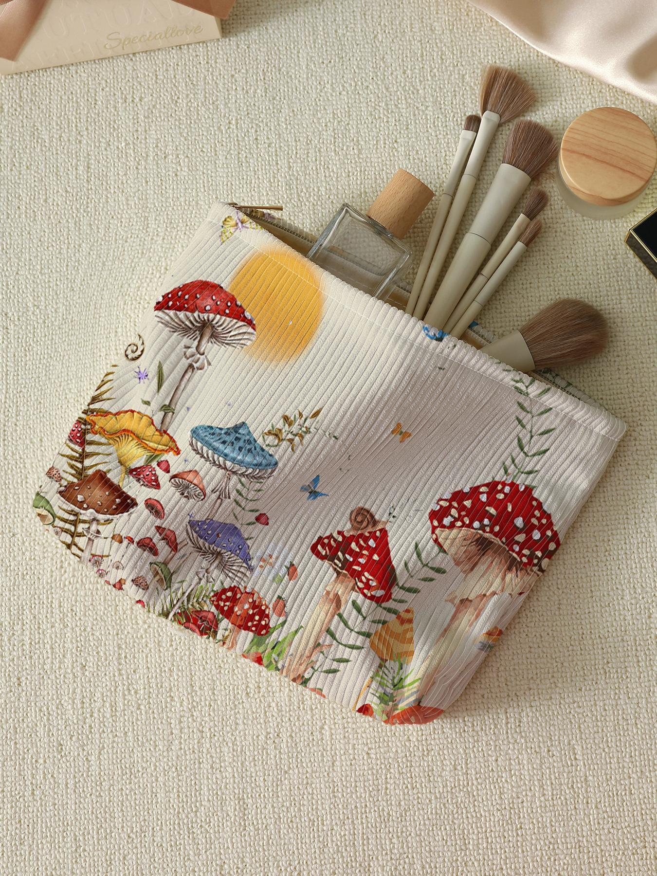 Cute Mushroom & Butterfly Pattern Makeup Bag, Multifunctional Large Capacity Storage Bag, Zipper Corduroy Makeup Bag for Travel & Daily Use, Handheld Cosmetic Pouch