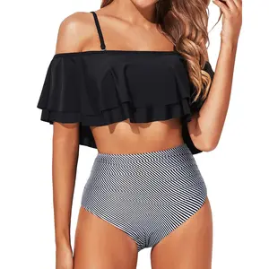 Tempt Me Women Two Piece High Waisted Bikini Set Tummy Control Bottoms Ruffle Swimsuits Off Shoulder Bathing Suits Plus Size Swimsuit with High Rise Bikini Bottom Strapless Swimsuits Scoop Neck