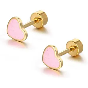 18g Titanium Heart Love Earrings for Women Girls Stainless Steel 14k Gold Plated Hypoallergenic Cute Tiny Sequins Stud Cartilage Tragus Screw Back Post Piercing Sensitive Ear