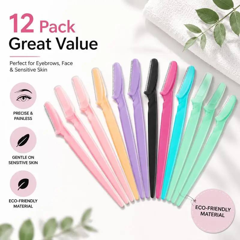 12pcs Stainless Steel Facial Hair Remover Razor Pack, Portable Dermaplaning Tool with Razor Blades for Eyebrows, Peach Fuzz, Upper Lip & Sensitive Skin