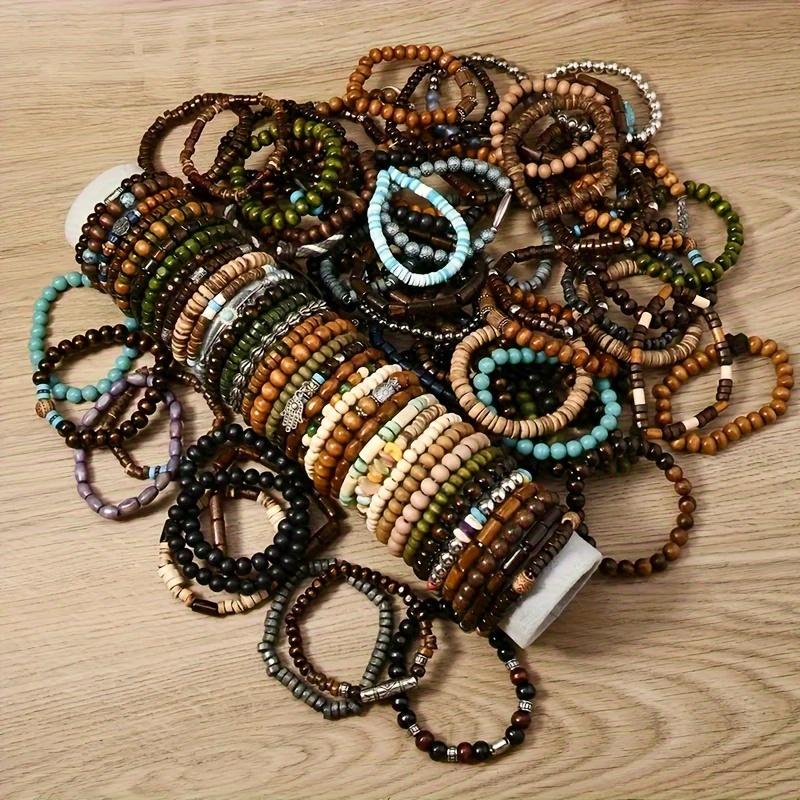 36Pcs Assorted Wooden Beaded Bracelets, Uncoated Metal, Zinc Alloy Charms, Women's Men's Fashion Jewelry, Handmade, Christmas Gift, Random Selection