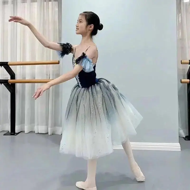 Adult Kids Long Tutu Professional Swan Lake Ballet Costume Ballet Tutu Ballet Dress Girls Performance Dancewear Velvet Top