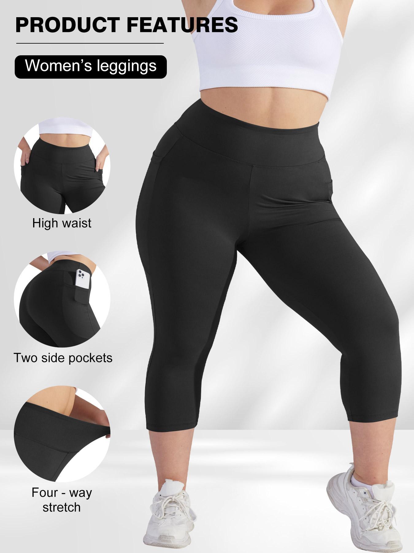 [Plus Size] Solid Color Pocket Skinny Capri Leggings, Casual Comfy Breathable High Waist Capri Leggings for Daily Wear, Women's Bottoms for Summer, Womenswear