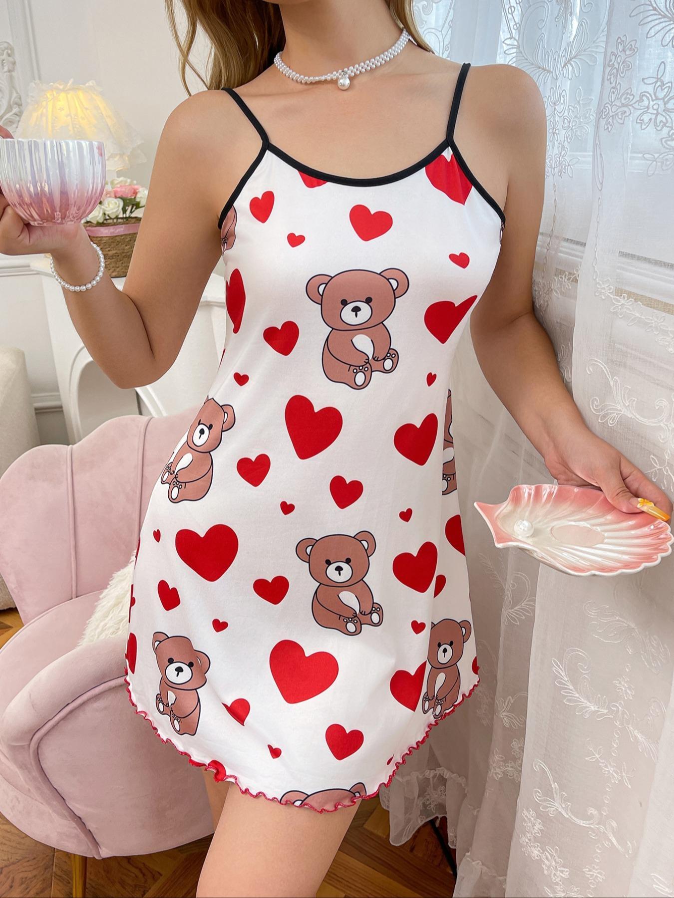 Women's Bear & Heart Print Knit Cami Nightdress, Cute Casual Slim Fit Breathable Soft Comfortable Sleeveless Spaghetti Strap Nightgown for Daily Home Wear, Women's Sleepwear, Loungewear, Spring