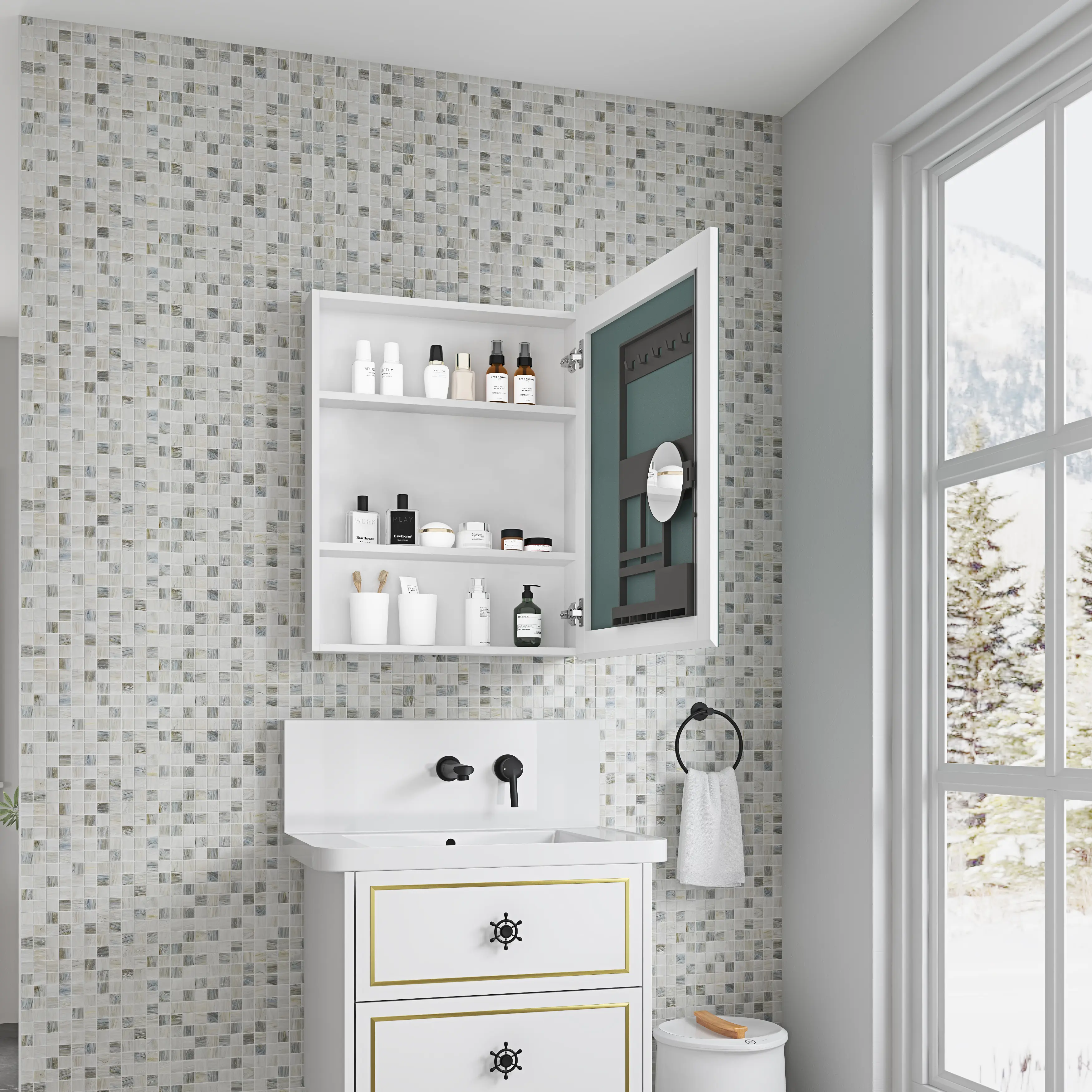 ARCH 24 x 30 Inch Surface Mount Frameless Mirror Medicine Cabinet with Beveled Edges, Right Opening Door, Wall Mounted Bathroom Storage Cabinet, Recessed or Surface Mount Vanity Mirror Cabinet for Bathroom, Home Furniture and Household Product