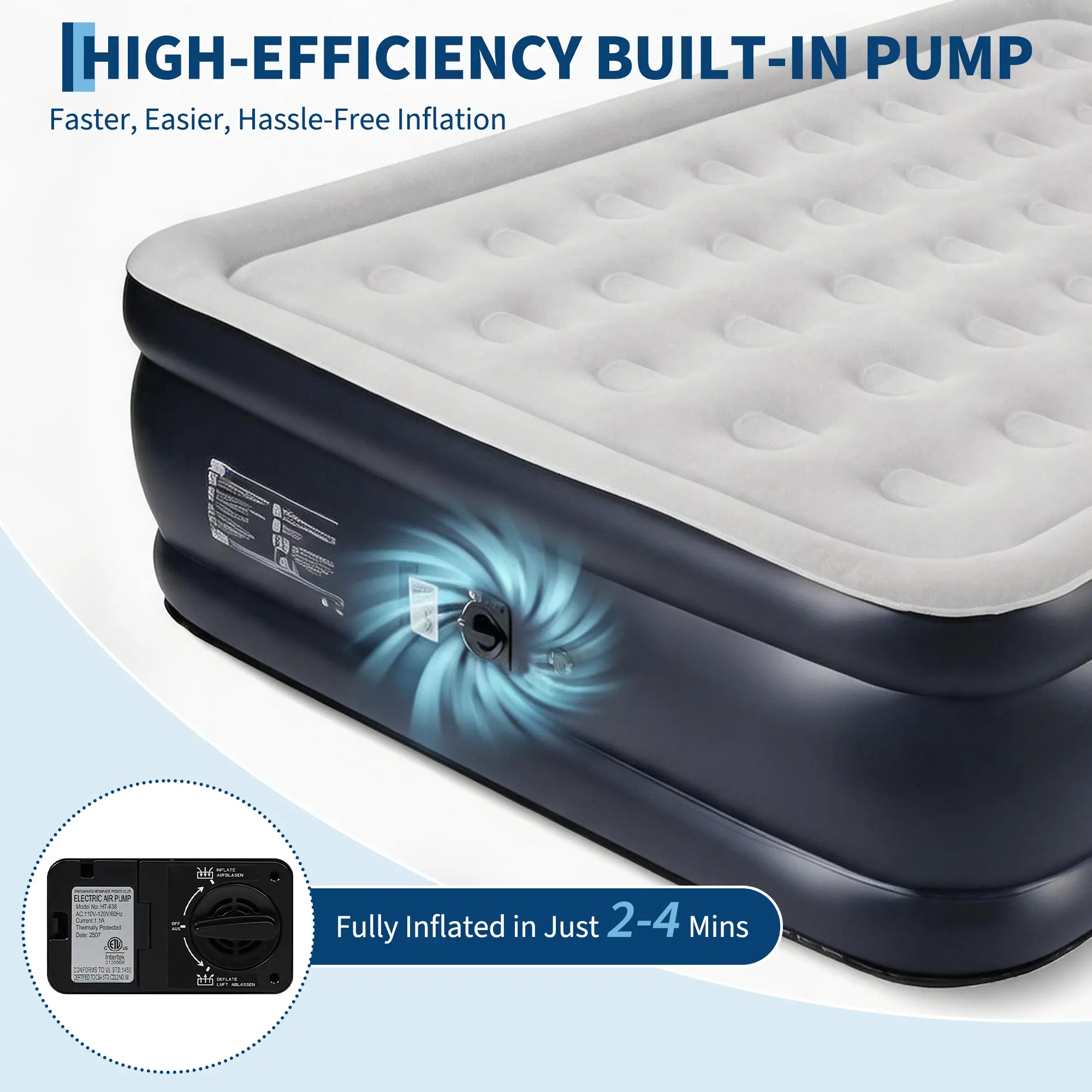 Queen Air Mattress with Built in Electric Pump 18 Inch Elevated Inflatable Bed Quick Inflate Cup Holders Navy Blue Gray Flocked Top for Guest Room Home Camping Travel