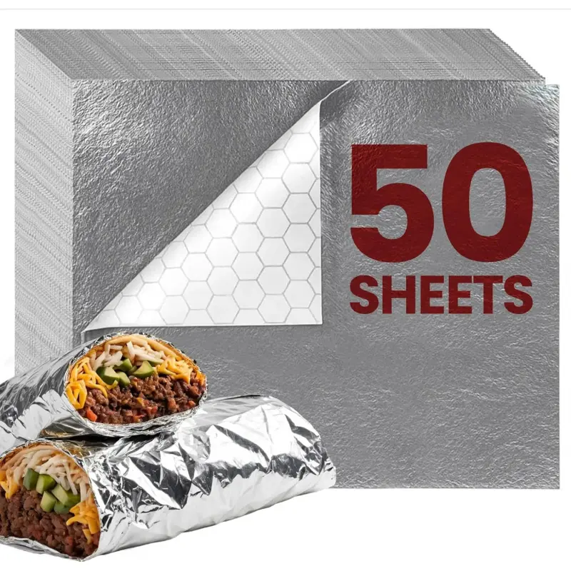 50 Packs Heavy Duty Insulated Aluminum Foil Sheets – 14" x 10.3" Disposable Food Wraps for Sandwiches, Burritos, BBQ, Burgers, Hot & Cold Food