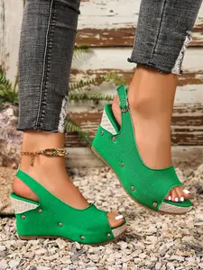 2026 New Arrival, Peep Toe Slingback Wedge Sandals, Rivet Decor Platform Wedges, Adjustable Buckle Ankle Strap, Jute Woven Sole, High Wedge Heel Sandals, Open Toe Summer Sandals, Lightweight Outdoor Beach Footwear, Women Fashion Party Vacation Dress Sanda