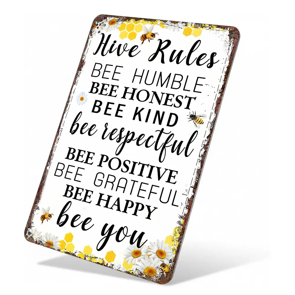 Hive Rules Metal Wall Sign - Humble, Honest, Kind, Respectful, Positive, Grateful, Happy Bee Themed Decor for Home Bedroom Office, Uplifg Inspirational Home Supplies Plaque,art decor