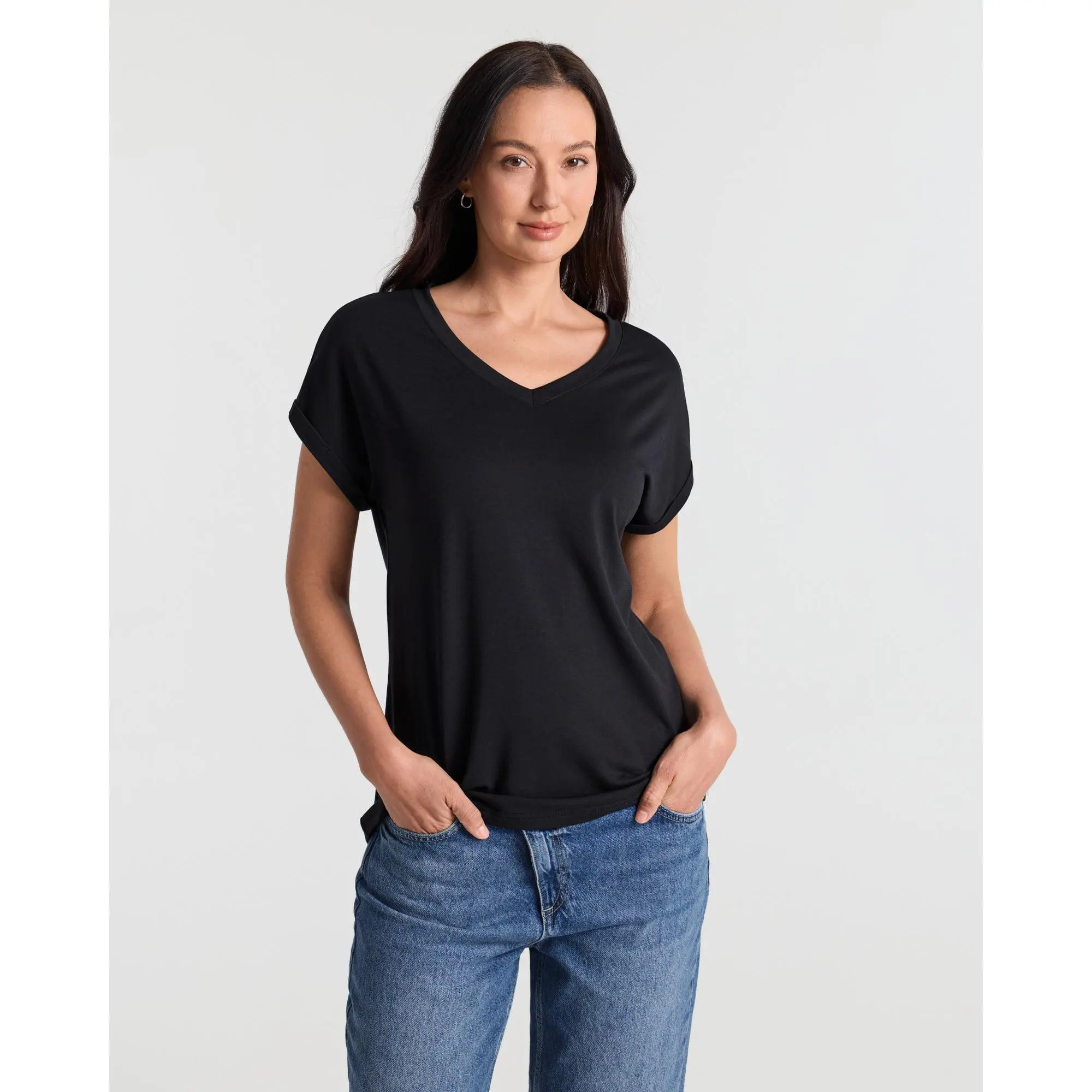SOLBRACE Women's V Neck Batwing Sleeve T-Shirt – Soft Weightless Drape Hip Length Relaxed Basic Top, Flattering Casual Tee for Daily Wear & Layering Outfits