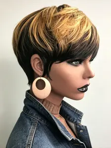 Full Machine Made None Lace Front Glueless Wear And Go Wig, Selectable Fashion Shades Of 613 Blonde And Trendy 99J Brown Highlight Color, Natural Layered Short Pixie Cut Softens Jawline And Forehead Lines To Suit All Face Shapes, High-Grade Real Human Hai