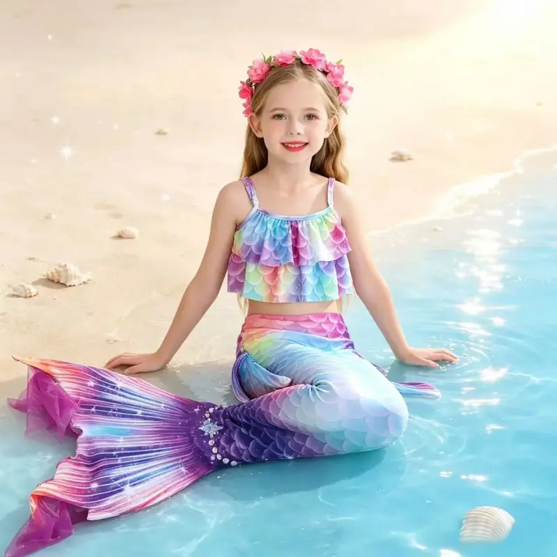 Girls' Mermaid-Themed 4-Season Swimsuit Set with Fairy Fish Tail Design, Kids' Birthday Party Costume, Beach Vacation Water Play Outfit