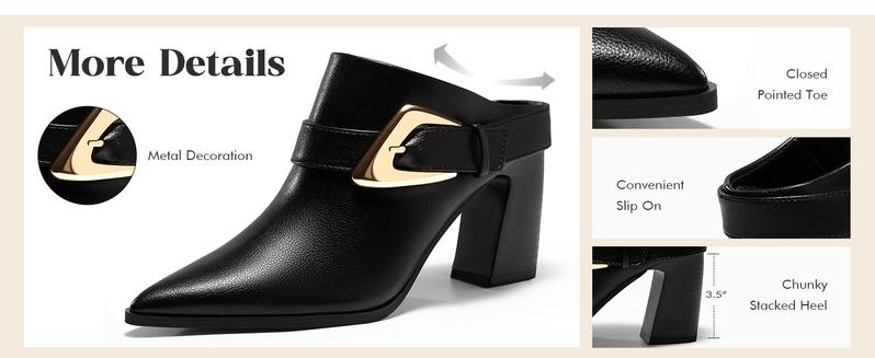 Coutgo Womens Mules Boots Chunky Stacked Heel Pointed Toe Booties Slip On Dress Boot Shoes with Buckle Decoration