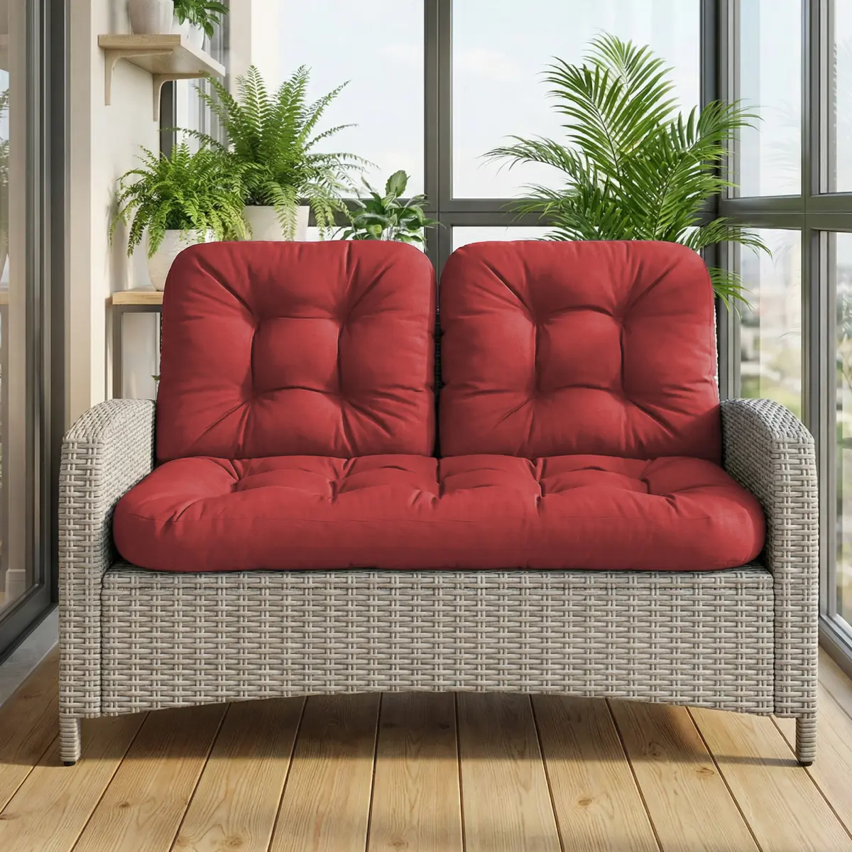 [Fahuac] 3-Piece Tufted Replacement Cushion Set for Rattan Chairs & Benches, Modern Double Layer Olefin Fabric Outdoor Seating Cushions for Patio Porch Swing, Garden Decor Accessory, Patio Areas, Three Pieces