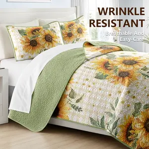 2/3pcs Watercolor Sunflower Quilt Set, Lightweight Cooling Bedspread Coverlet, Soft Skin-Friendly Yellow Floral Print Bedding with Pillow Shams, Reversible Easy Care All Season Bed Cover for Bedroom Guest Room