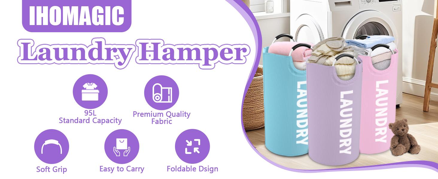 3PCS 95L Laundry Basket, Collapsible Clothes Hamper with Handle, 600D Cloth Laundry Bin, Stand-alone Dirty Clothes Hamper for Livingroom, Bedroom,, Pink+Blue+Purple