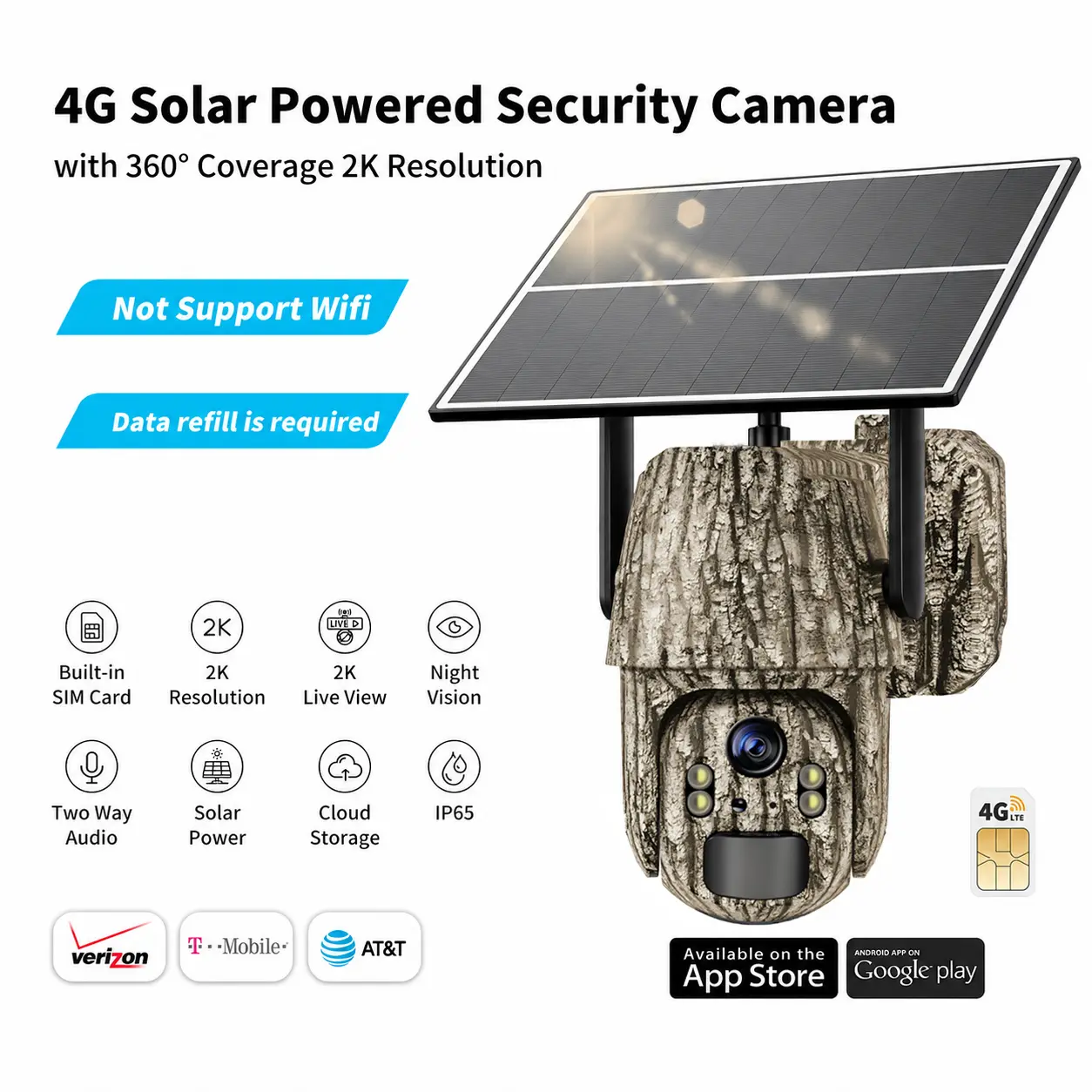 GMOX 4G LTE Cellular Security Camera, Solar-Powered Wireless Outdoor Camera with 4K Live View, 360 °   Pan Tilt, Remote App Control, Motion Detection & Night Vision, No WiFi Needed