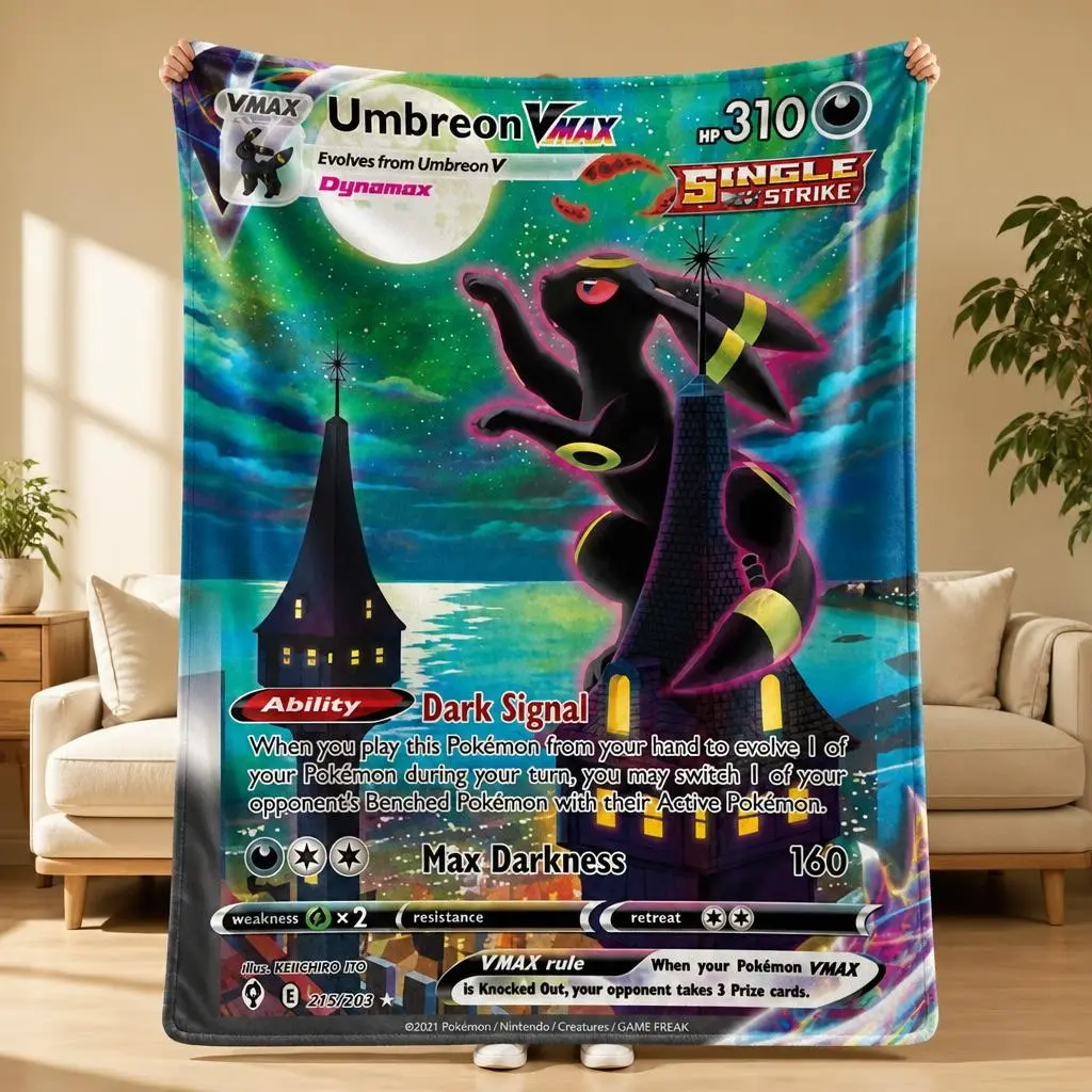 1 PC 🌙 Pokémon Umbreon VMAX Trading Card Flannel Blanket! Soft fleece for gamer setup, cool bedroom decor, cozy couch anime marathon, or TCG tournaments. ⚡ Ultimate Halloween, Xmas & Birthday gift for Pokémon collectors & gamers! 🎁 #Pokemon #UmbreonVMAX