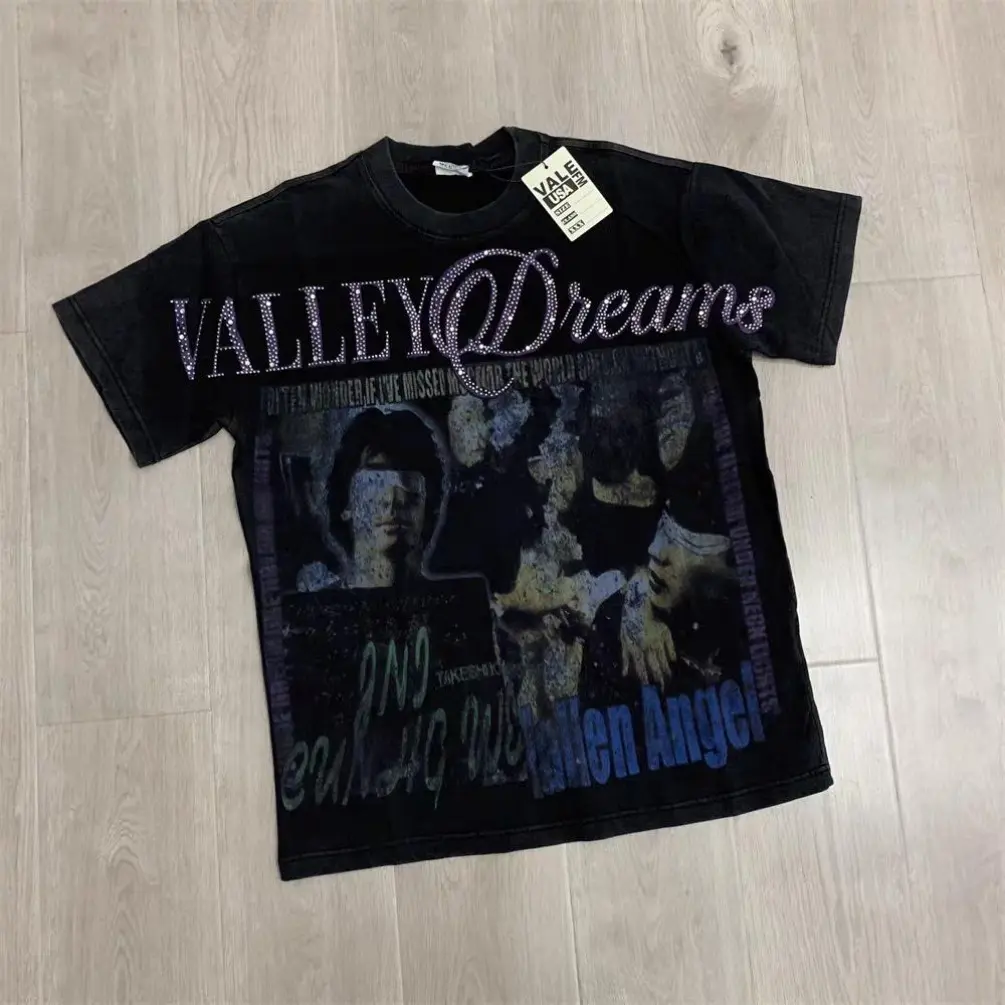 VALLEY Dreams Rhinestone Graphic T-Shirt Men Women, Vintage Retro Washed Oversized Tee with Movie Poster Style Print, Y2K Hip Hop Streetwear Shirt, Heavy Cotton Casual Short Sleeve Top, Trendy Summer Festival Outfit for Daily Wear