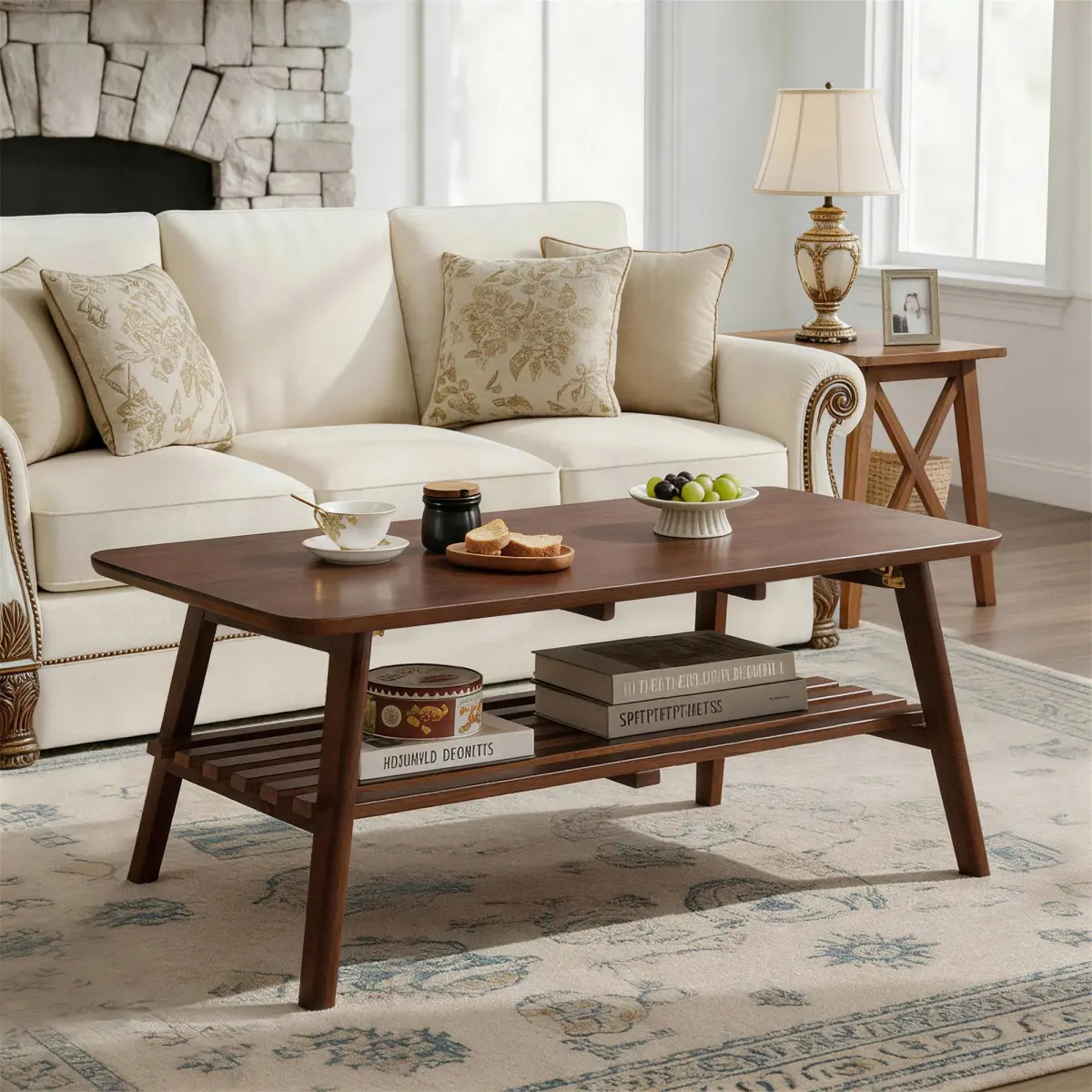 [Bellemave] Wooden Coffee Table with Storage Shelf, Mid-Century Rectangular Center Table for Living Room,Walnut Brown
