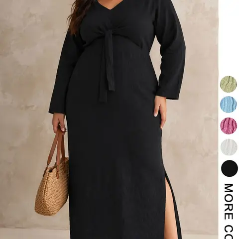 Plus Size Elegant Chic Style Feminine Dress – Womenswear V Neck Tie Waist Adjustable Long Sleeve Gown, Party Evening Essential, Slim Fit, Solid, Spring & Fall Fashion, Plus Size Dresses