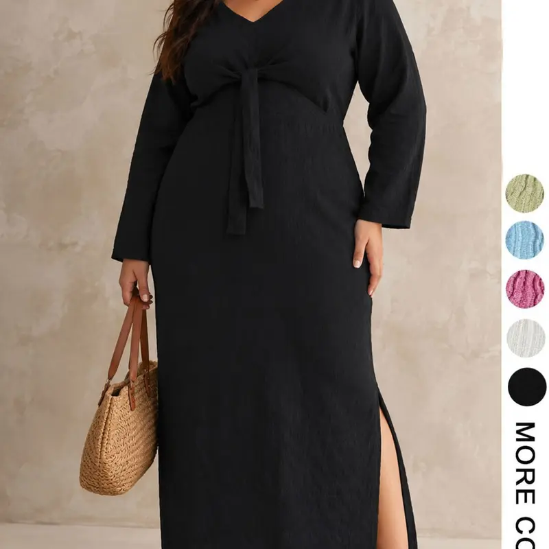 Plus Size Elegant Chic Style Feminine Dress – Womenswear V Neck Tie Waist Adjustable Long Sleeve Gown, Party Evening Essential, Slim Fit, Solid, Spring & Fall Fashion, Plus Size Dresses