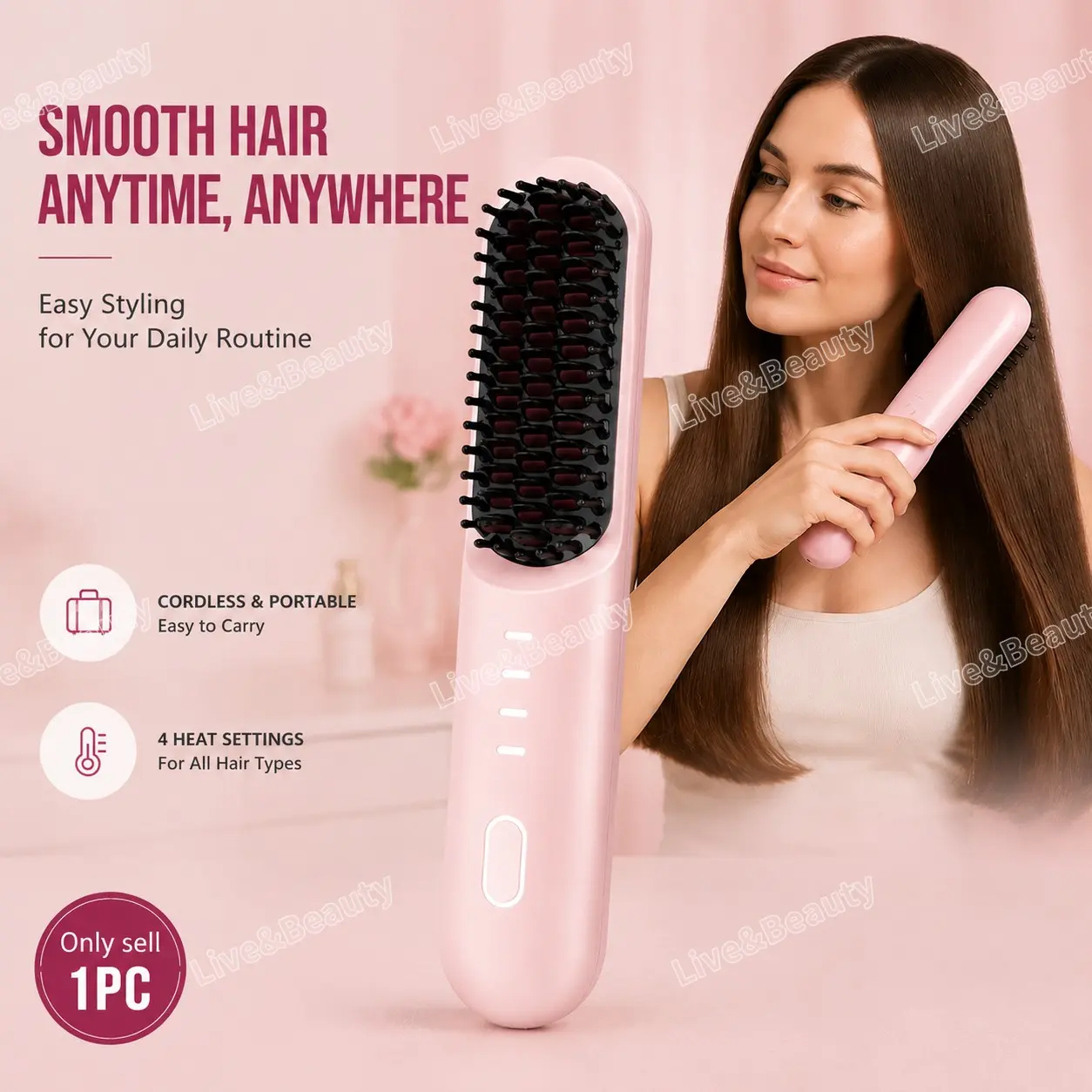 1 PC Go Brush-Pro for Short Hair, Ceramic Styling Comb with 4 Adjustable Settings and Portable Design for Super Sleek Smooth Frizz-Control Styling, for Home, Travel and Daily Use