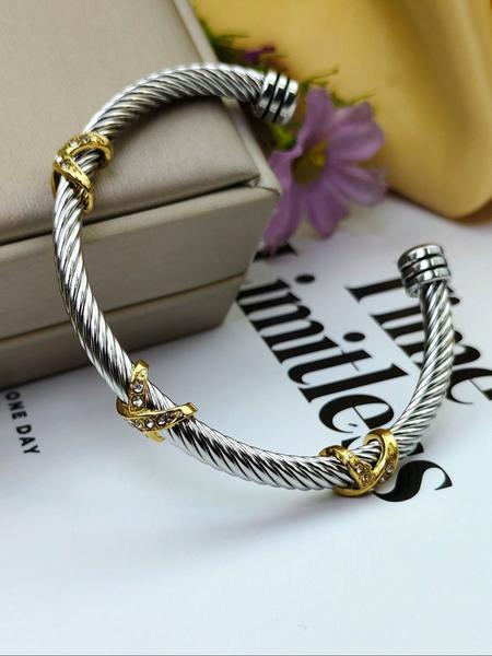 Women's Adjustable Stainless Steel Twisted Cable Bracelet with Zirconia Stones, Casual Cross Color Design, All Season Jewelry Accessory