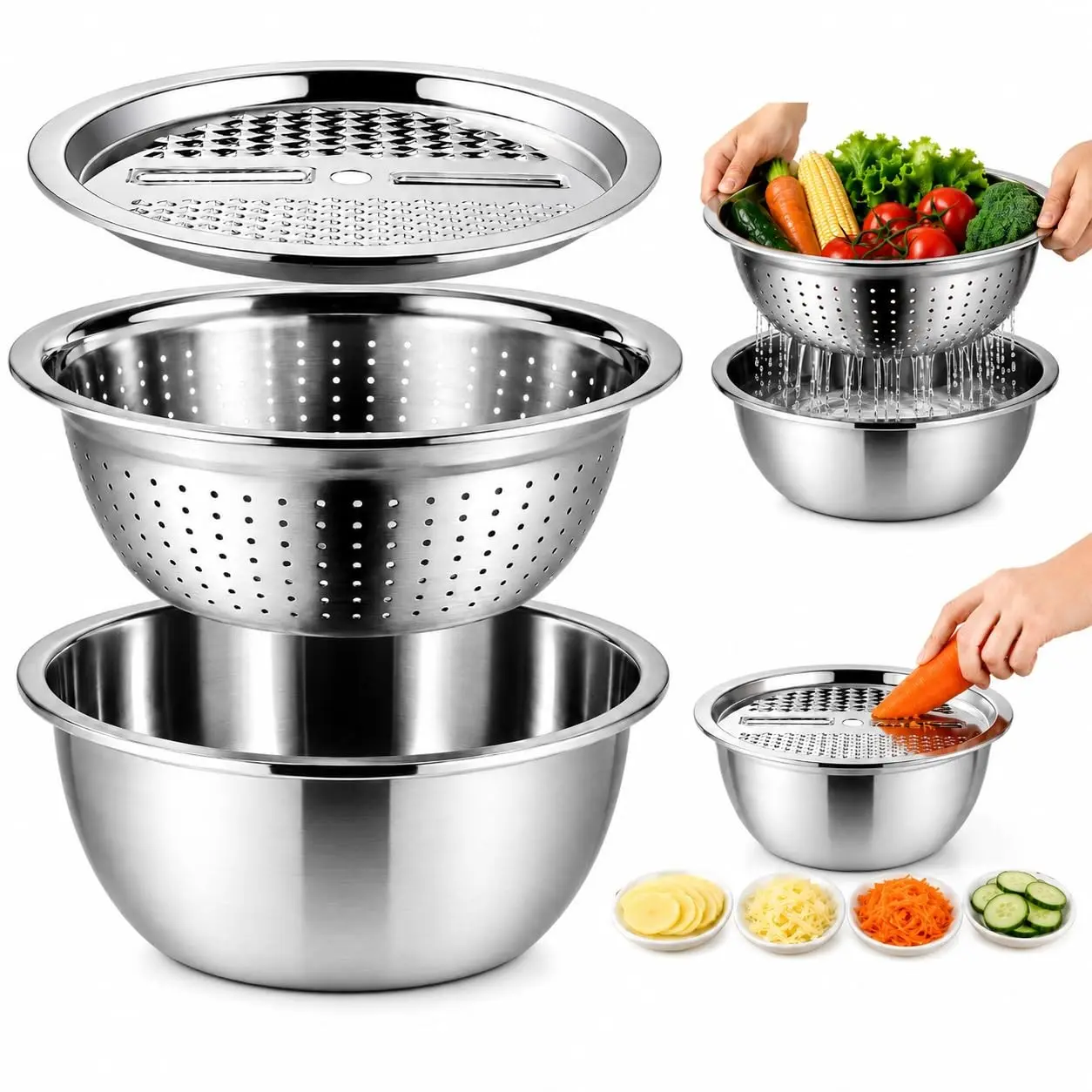 Stainless Steel Grater Bowl with Drain Basket and Salad Bowl, Multi-Use Kitchen Chopper for Cheese, Carrots, Potatoes, Cucumbers, 10.2 Inches