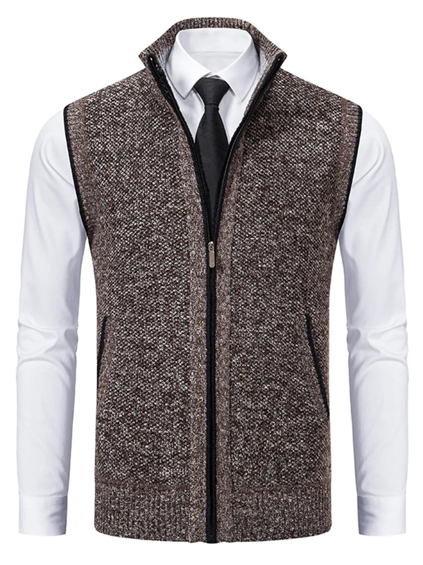 Men's Stand Collar Zipper Knit Vest, Side Pockets Practical, Ribbed Hem Anti-Warp, Sleeveless Slim Fit Cardigan, Fall & Winter Warm Layering Top
