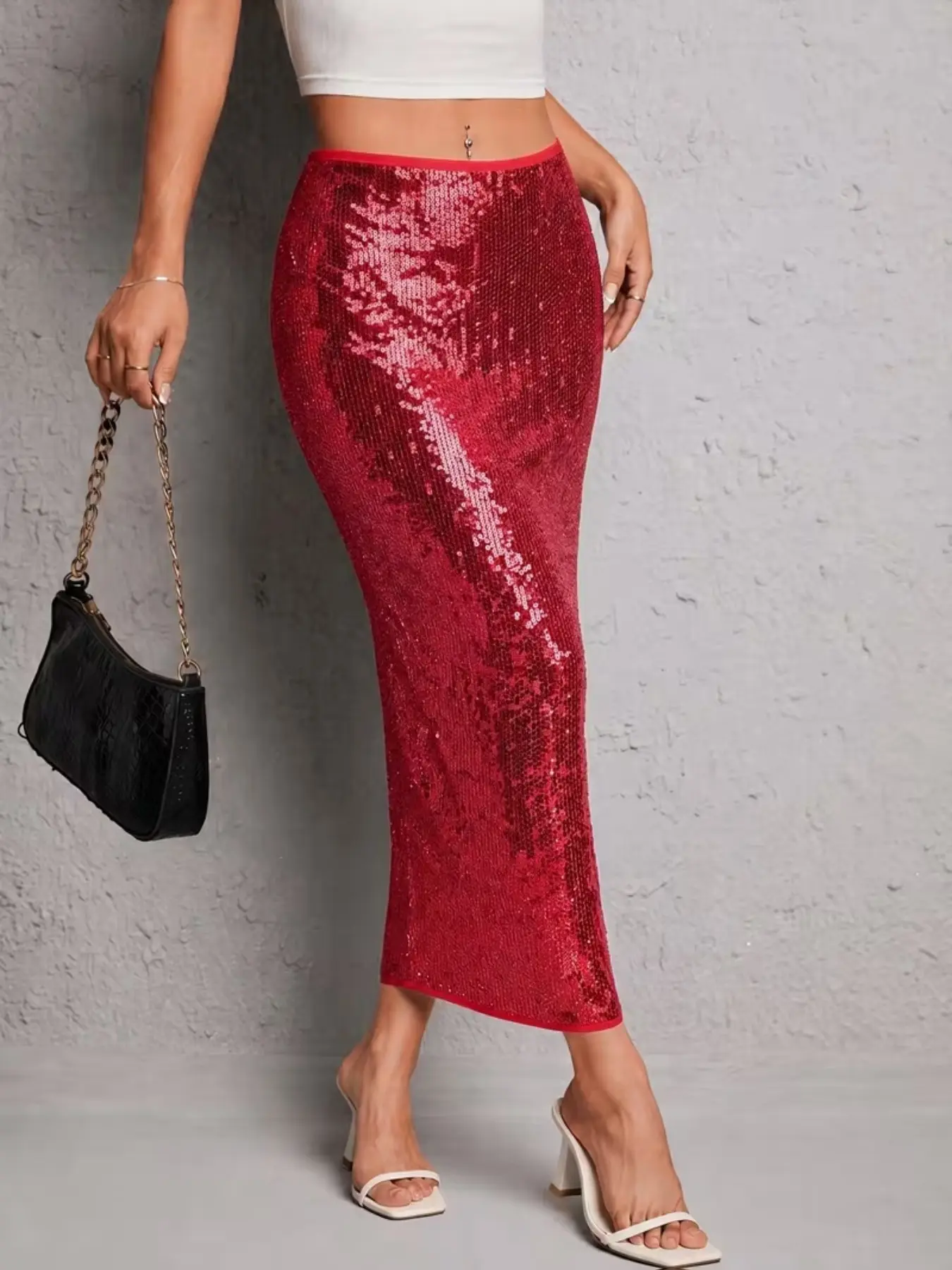 Women's Glitter Midi Skirt, Elegant Party Club Date Dress, Fashionable Trendy Design, Slim-Fitting Natural Waist Zip Closure