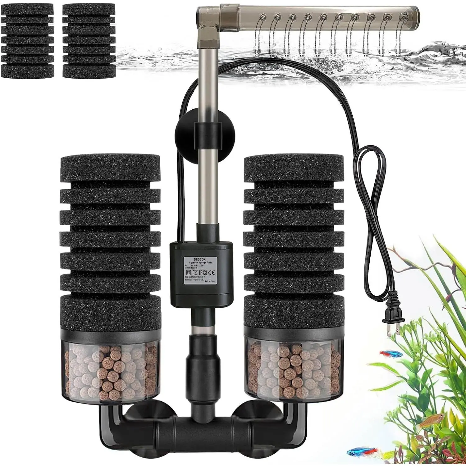 Silent Motor Aquarium Filter with Submersible Pump, Bio Ceramic Media Balls, 2 Spare Sponges, Venturi Nozzle, Rain Mode & Spare Parts (S Size for 10-20 Gal Tanks, Ideal for Shrimps)