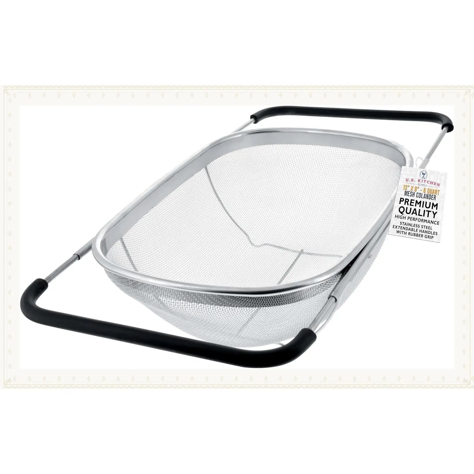 Stainless Steel Colander Strainer - 6-Quart Collapsible Colander with Expandable Rubber Handles - Rectangular Sieve, Fine Mesh Stainless Steel Strainers and Colanders for KitchenGift